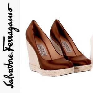 Salvatore Ferragamo Chocolate Brown Satin Espadrille Wedge Pumps